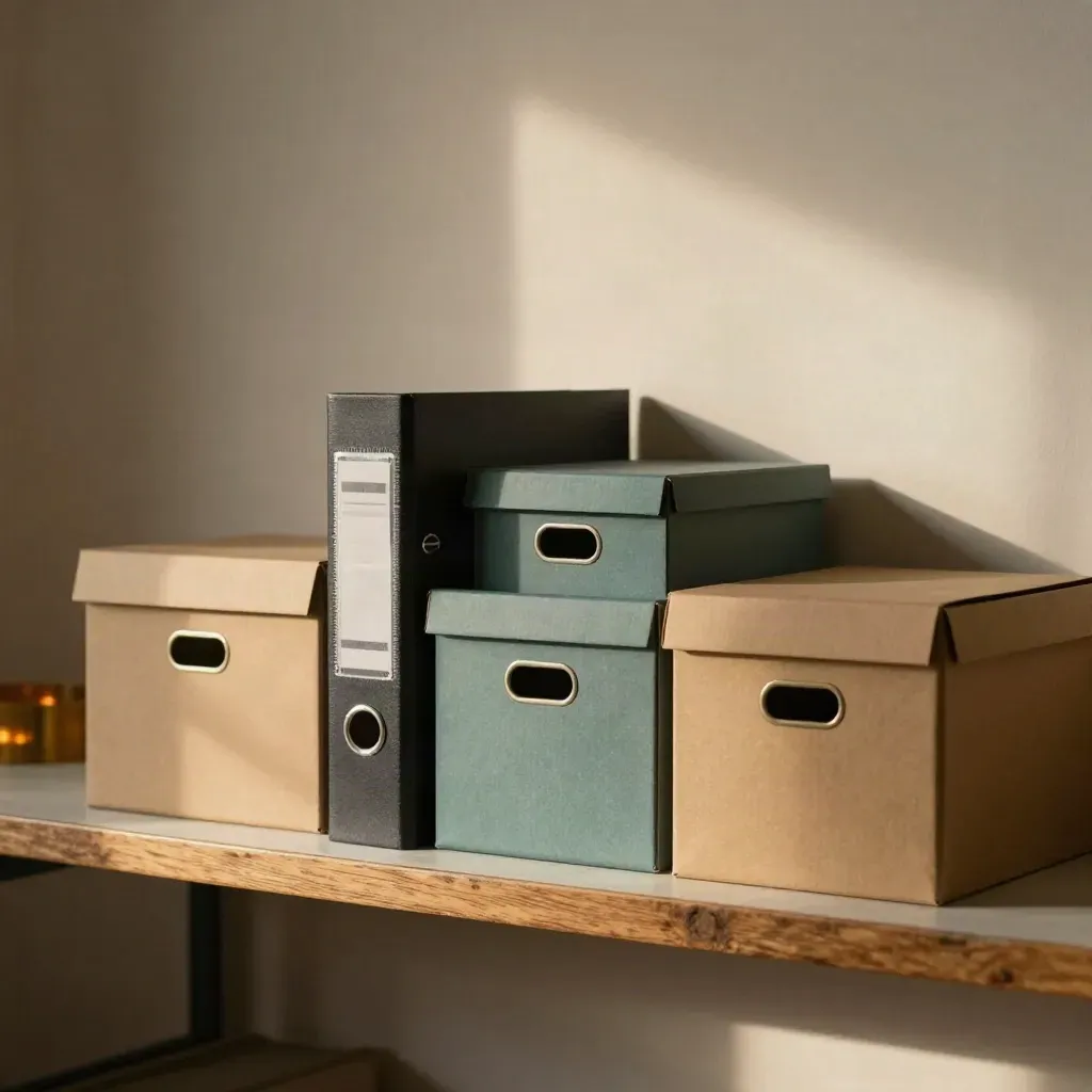 Archivio ordinato con tre scatole, raccoglitore e cartella in un angolo caldo e tranquillo.