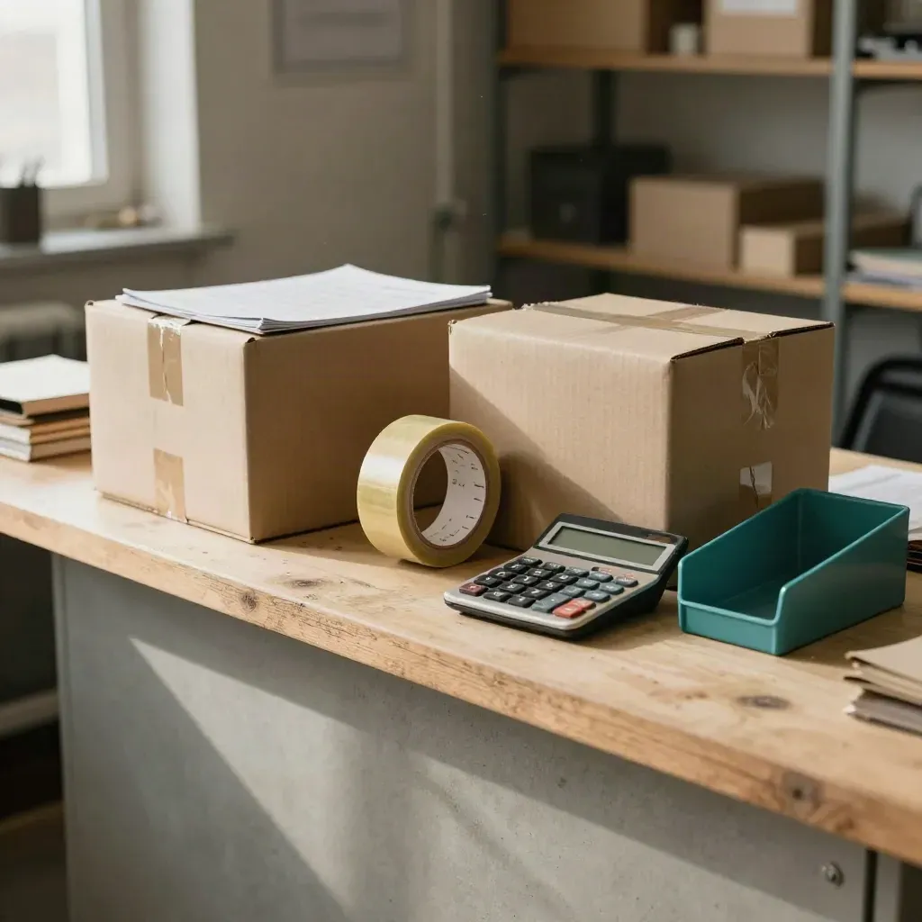 Banco di officina con scatole fornitori, calcolatrice e vassoio posta in luce calda