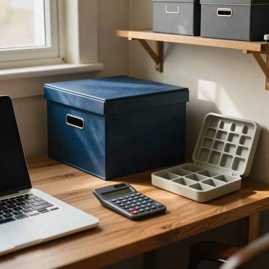 Angolo studio ordinato con archivio blu, laptop chiuso e calcolatrice su legno caldo.