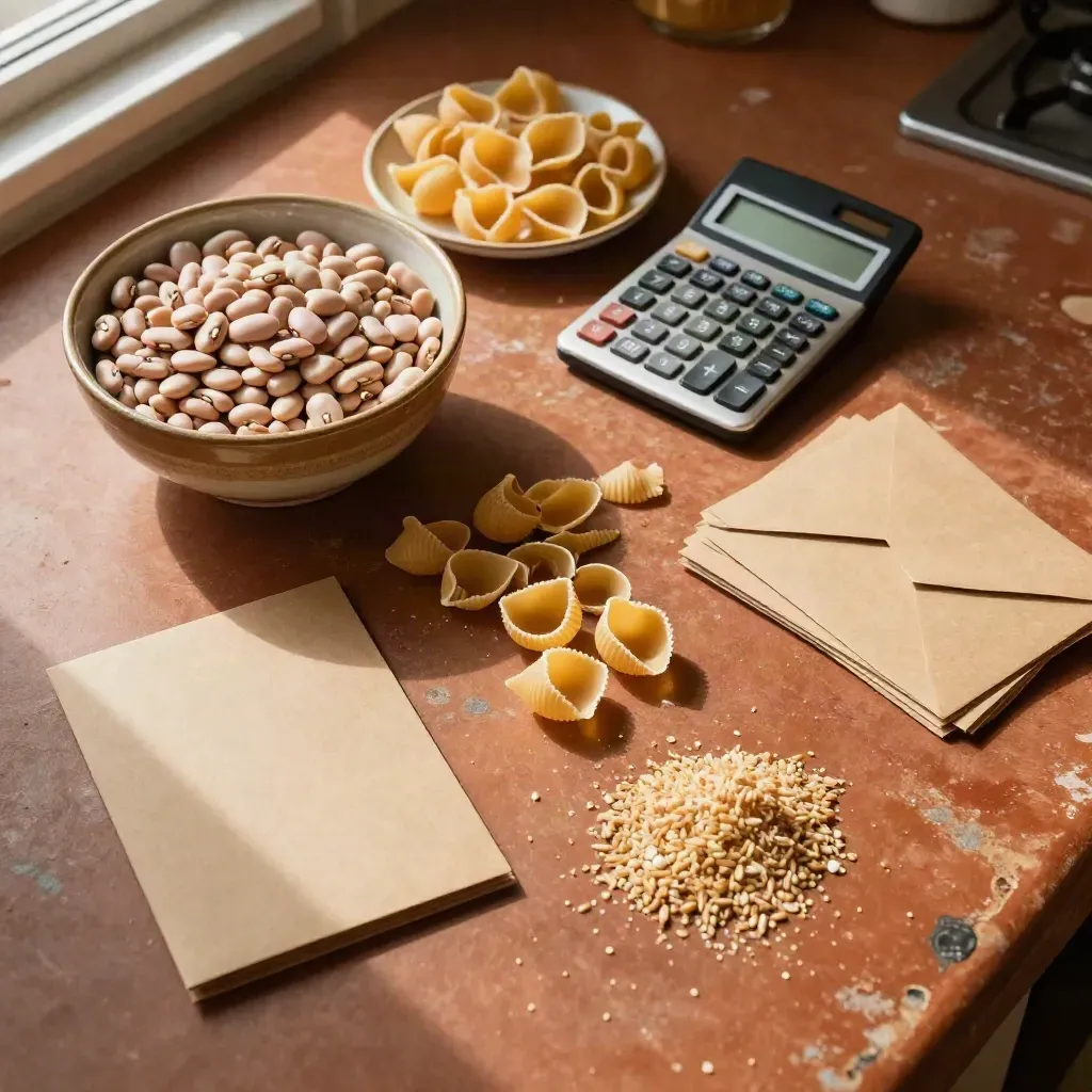 Bowl di fagioli, pasta, calcolatrice e divisori buste su tavolo rustico di cucina.