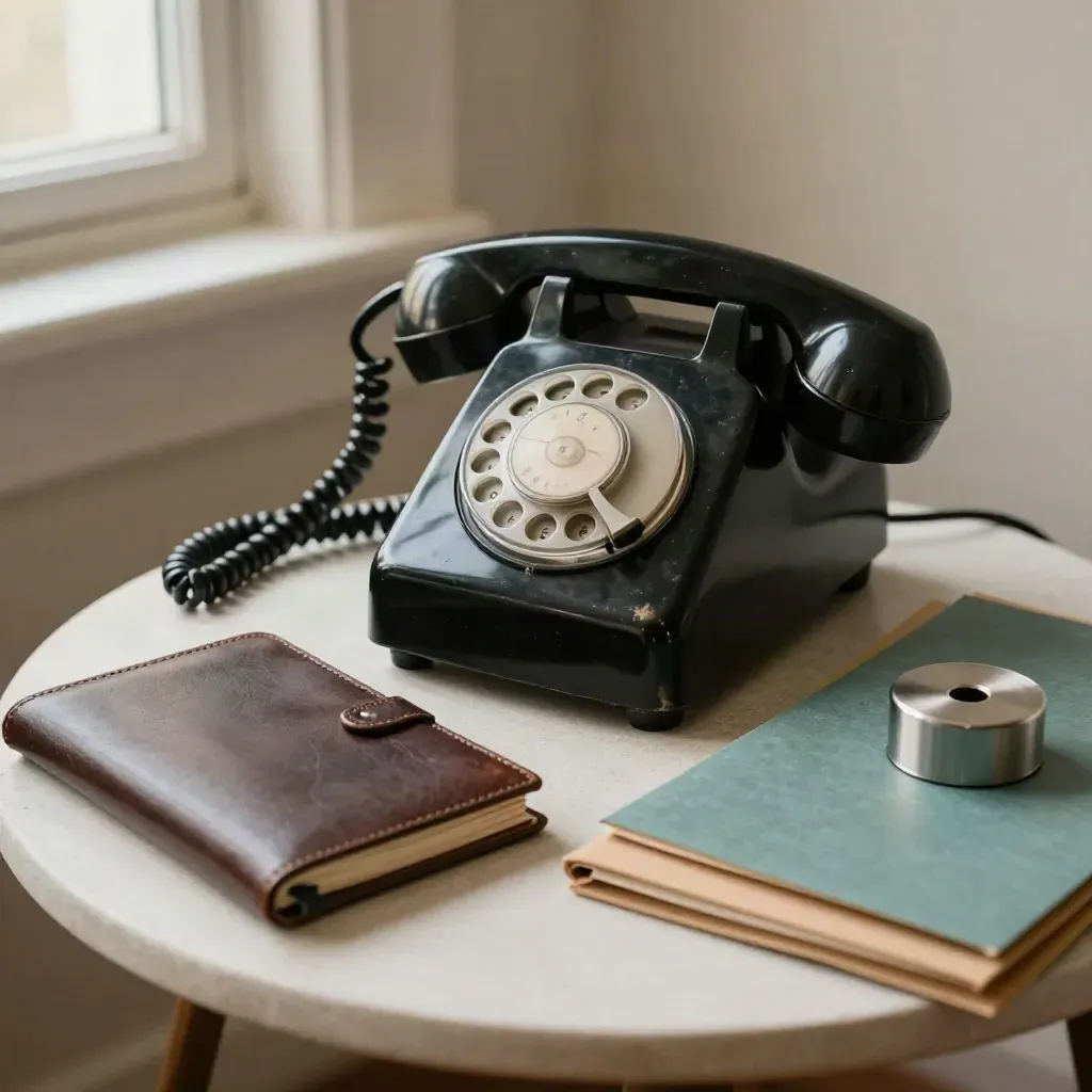 Telefono vintage, rubrica chiusa e cartelle su un tavolino chiaro con luce calda.