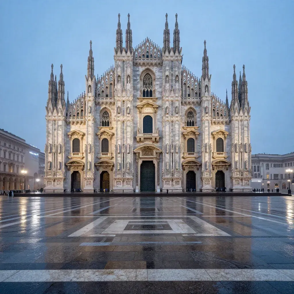 Duomo di Milano sopra piazza bagnata nel blu dell’ora, con foschia e marmo luminoso.