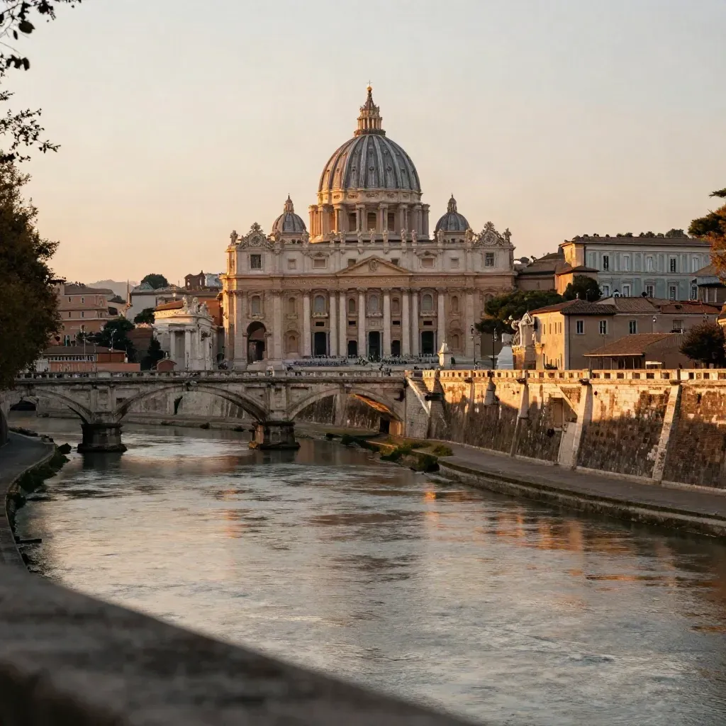 Vista del Tevere a Roma al tramonto con la cupola di San Pietro e tetti di terracotta