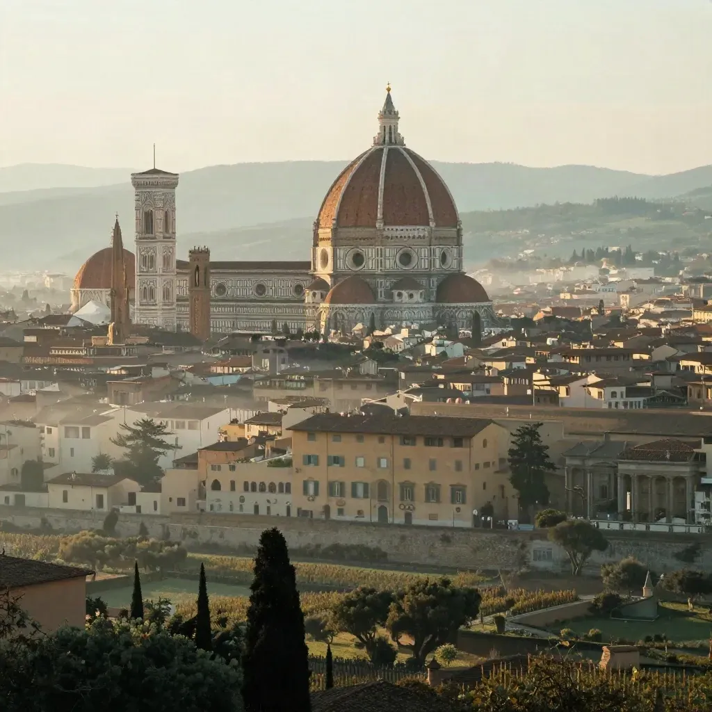 Il Duomo di Firenze tra cipressi e colline nella foschia dell’alba
